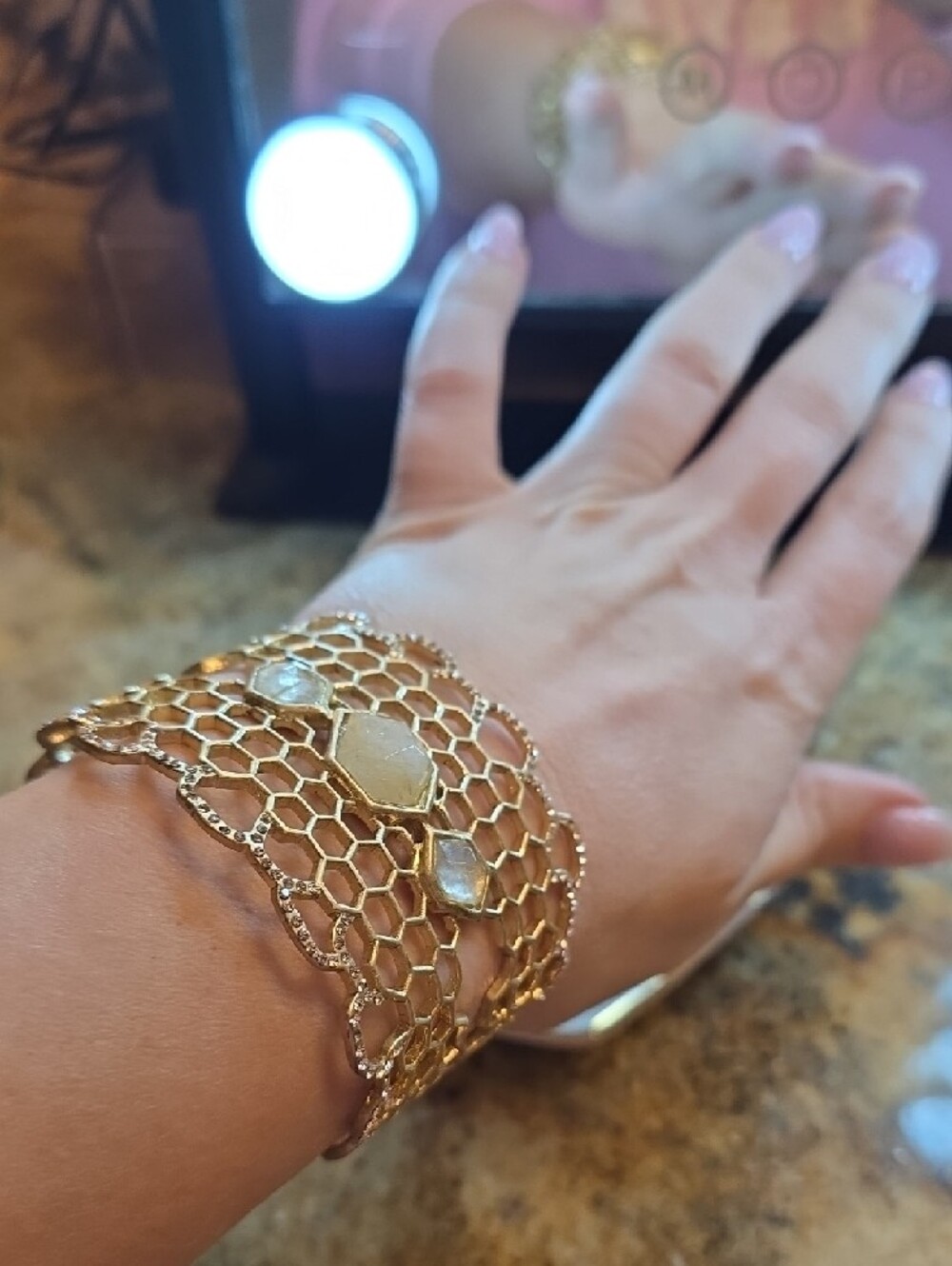 Chloe + Isabel Gold Honeycomb Cuff with Faceted Stone Accents - Picture 3 of 5